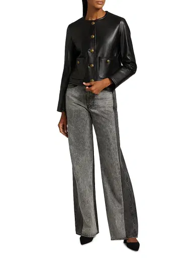 Veronica Beard Women's Andrea Leather Cropped Button-Front Jacket - Black | Thumbnail 2