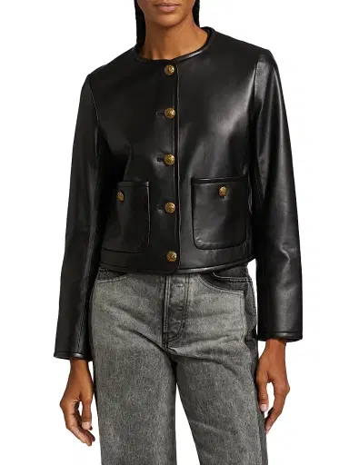 Veronica Beard Women's Andrea Leather Cropped Button-Front Jacket - Black | Thumbnail 3