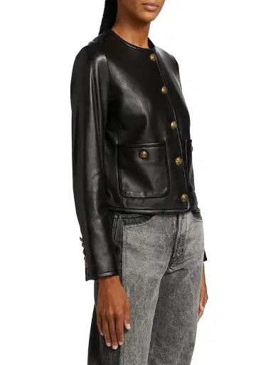 Veronica Beard Women's Andrea Leather Cropped Button-Front Jacket - Black | Thumbnail 4