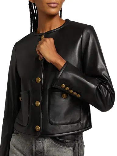Veronica Beard Women's Andrea Leather Cropped Button-Front Jacket - Black | Thumbnail 6