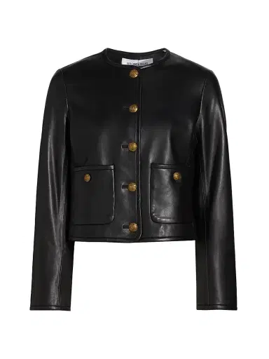 Veronica Beard Women's Andrea Leather Cropped Button-Front Jacket - Black | Thumbnail 1
