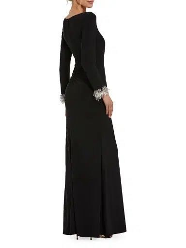 Mac Duggal Women's Seasonless Long Sleeve Jersey Gown With Beaded Sleeve Cuffs - Black | Thumbnail 2