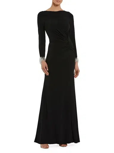 Mac Duggal Women's Seasonless Long Sleeve Jersey Gown With Beaded Sleeve Cuffs - Black | Thumbnail 1
