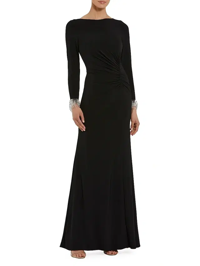 Mac Duggal Women's Seasonless Long Sleeve Jersey Gown With Beaded Sleeve Cuffs - Black