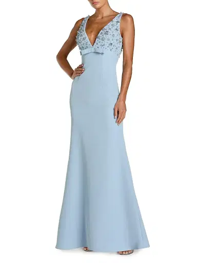 Mac Duggal Women's Crêpe Floral Beaded Bow A-Line Gown | Thumbnail 1 Mac Duggal Women's Crêpe Floral Beaded Bow A-Line Gown | Thumbnail 1