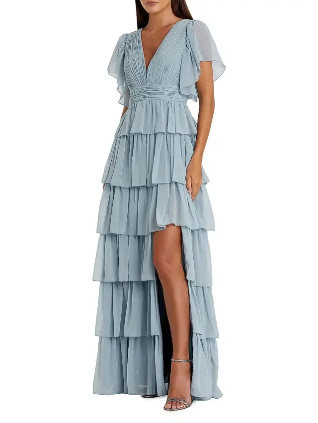 Mac Duggal Women's Flutter-Sleeve Tiered Gown - Slate Blue