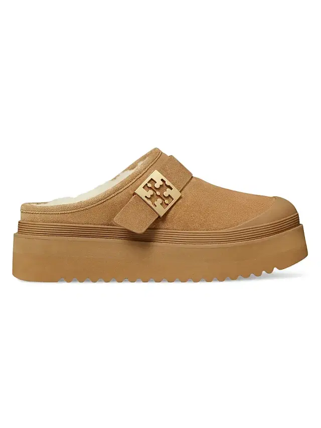 Tory Burch Women's Mellow Shearling-Trimmed Suede Mules - Light Chestnut Gold