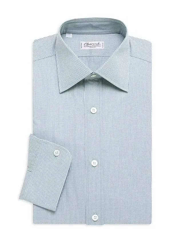 Charvet Men's Mini Windowpane Check Dress Shirt - Green Blue
