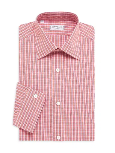 Charvet Men's Small Windowpane Plaid Tonal Silk Dress Shirt - Rust | Thumbnail 1 Charvet Men's Small Windowpane Plaid Tonal Silk Dress Shirt - Rust | Thumbnail 1