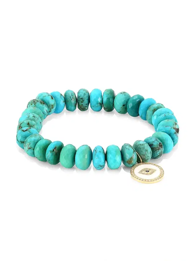 Women's 14K Yellow Gold, 0.18 TCW Diamond, Sapphire & Turquoise Evil Eye Beaded Bracelet - Turquoise