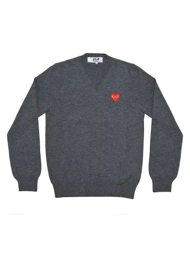 Comme des Garçons PLAY Women's Double Heart Play V-Neck Sweater - Grey - Size XS | Thumbnail 1 Comme des Garçons PLAY Women's Double Heart Play V-Neck Sweater - Grey - Size XS | Thumbnail 1