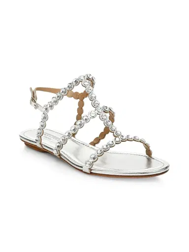 Aquazzura Women's Tequila Crystal-Embellished Metallic Leather Flat Sandals - Silver - Size 5 | Thumbnail 2