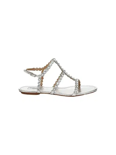 Aquazzura Women's Tequila Crystal-Embellished Metallic Leather Flat Sandals - Silver - Size 5 | Thumbnail 1