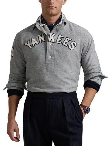 Polo Ralph Lauren Men's Yankees Polo Long-Sleeve Top - Grey Heather - Size Small | Thumbnail 3