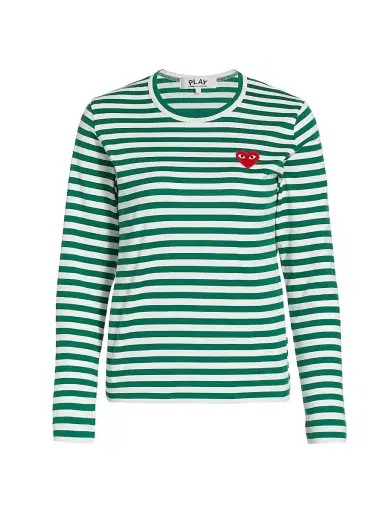 Comme des Garçons PLAY Women's Striped Red Heart Long-Sleeve Shirt - Green White - Size XS | Thumbnail 1 Comme des Garçons PLAY Women's Striped Red Heart Long-Sleeve Shirt - Green White - Size XS | Thumbnail 1