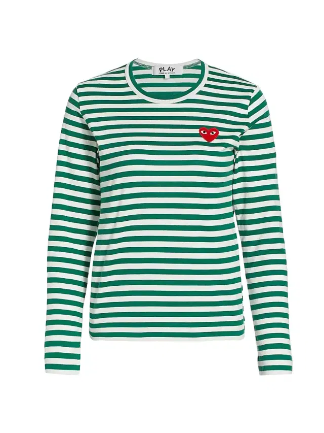Comme des Garçons PLAY Women's Striped Red Heart Long-Sleeve Shirt - Green White