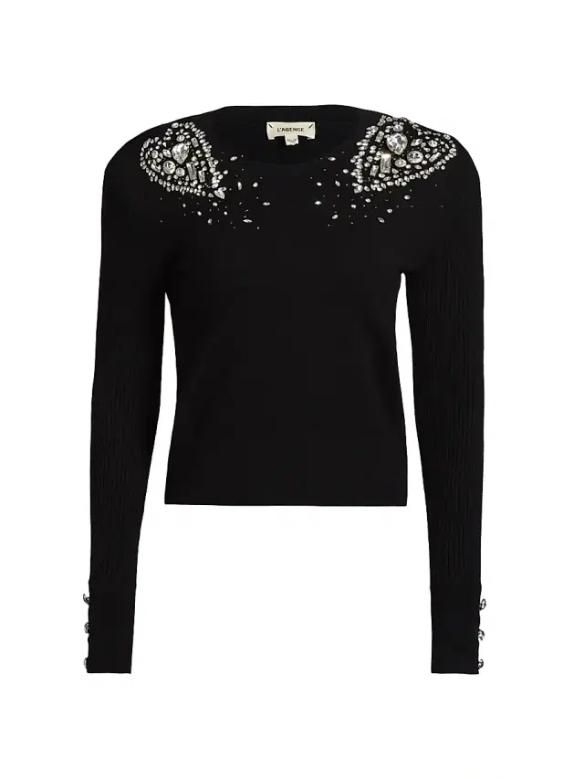 L'AGENCE Women's Cesca Crystal Knit Crewneck Sweater - Black Crystal