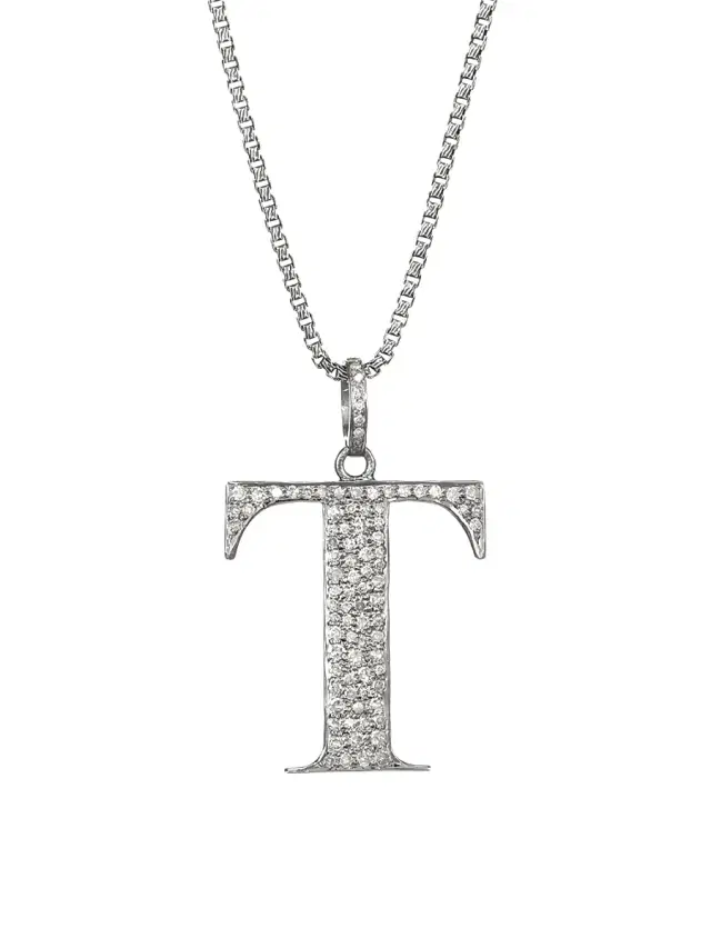 Women's Silvertone & Natural Champagne Diamond Initial Pendant Necklace - Initial T