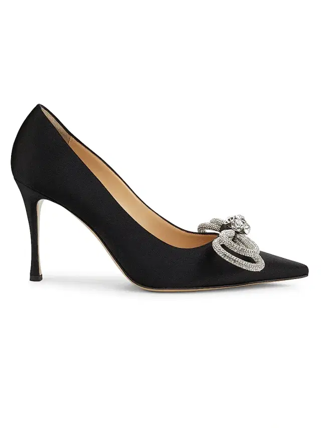 Women's Double Bow 95MM Silk & Crystal Pumps - Black