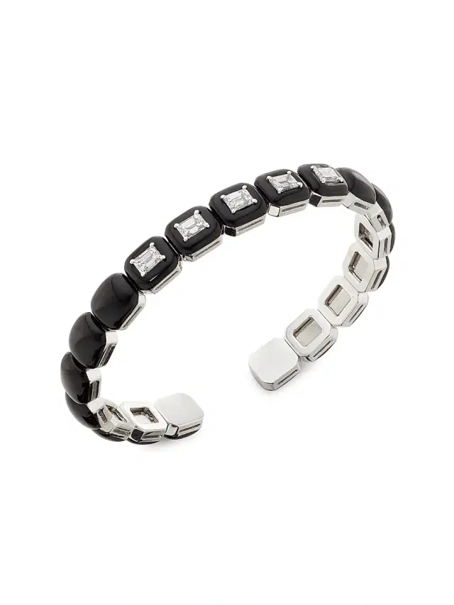 Women's Oui 18K White Gold, 120 TCW Diamond & Black Enamel Cuff - White Gold