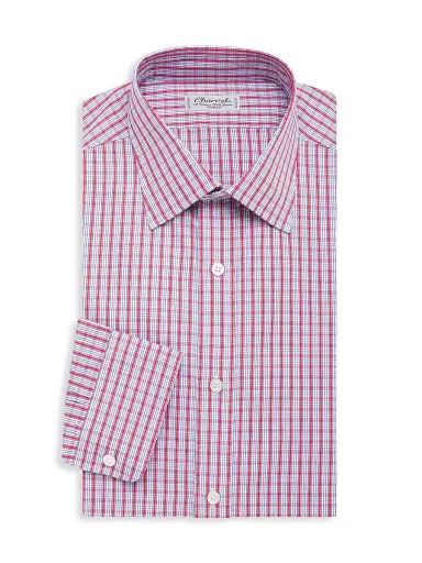 Charvet Men's Windowpane Check Dress Shirt - White Red Blue - Size 17 | Thumbnail 1