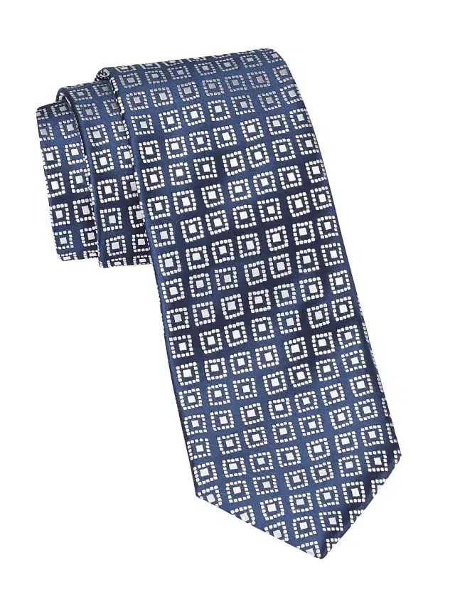 Men's Geobean Woven Silk Tie - Navy White Men's Geobean Woven Silk Tie - Navy White