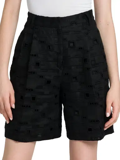 Kiton Women's Wide-Leg Linen Eyelet Shorts - Black - Size 6 | Thumbnail 3