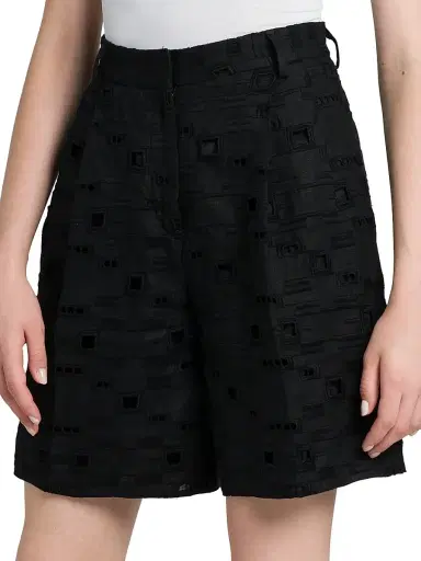Kiton Women's Wide-Leg Linen Eyelet Shorts - Black - Size 6 | Thumbnail 4