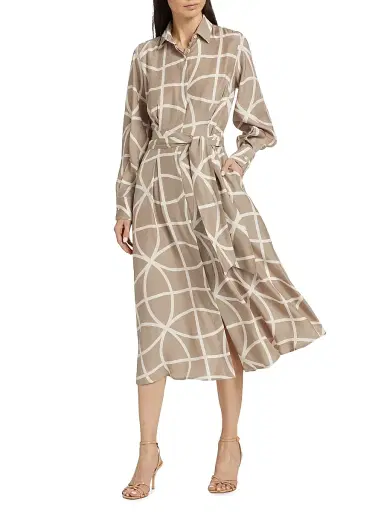 Kiton Women's Printed Silk Collared Belted Shirtdress - Beige White - Size 4 | Thumbnail 2 Kiton Women's Printed Silk Collared Belted Shirtdress - Beige White - Size 4 | Thumbnail 2