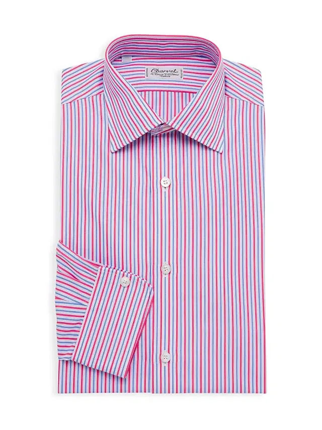 Charvet Men's Striped Cotton Chambray Dress Shirt - Red
