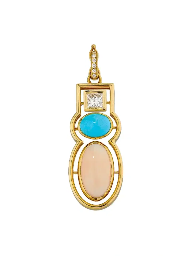 Women's Morse Code 18K Yellow Gold, Turquoise, Coral & TCW Diamond Charm - Gold