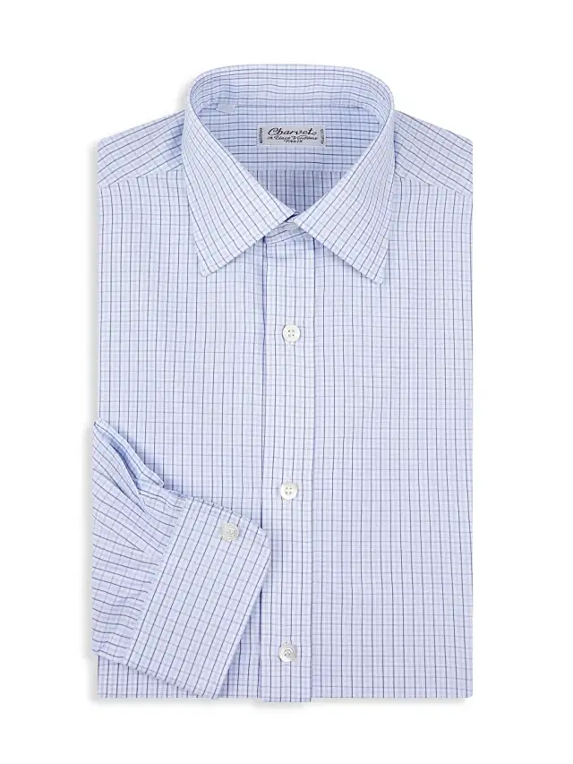 Charvet Men's Plaid Grid Cotton Dress Shirt - Blue