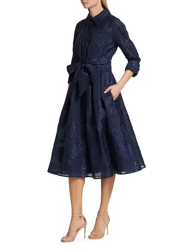 Teri Jon by Rickie Freeman Women's Jacquard Floral-Print Shirtdress - Navy - Size 12 | Thumbnail 3 Teri Jon by Rickie Freeman Women's Jacquard Floral-Print Shirtdress - Navy - Size 12 | Thumbnail 3