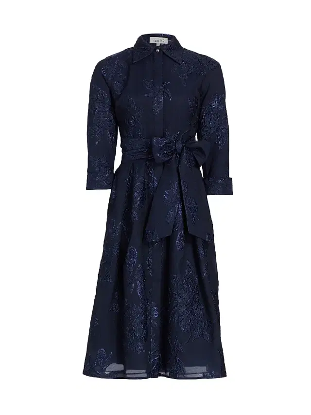 Teri Jon by Rickie Freeman Women's Jacquard Floral-Print Shirtdress - Navy