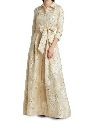 Teri Jon by Rickie Freeman Women's Three-Quarter Sleeve Metallic Jacquard Shirt Waist Gown - Champagne - Size 18 | Thumbnail 3 Teri Jon by Rickie Freeman Women's Three-Quarter Sleeve Metallic Jacquard Shirt Waist Gown - Champagne - Size 18 | Thumbnail 3