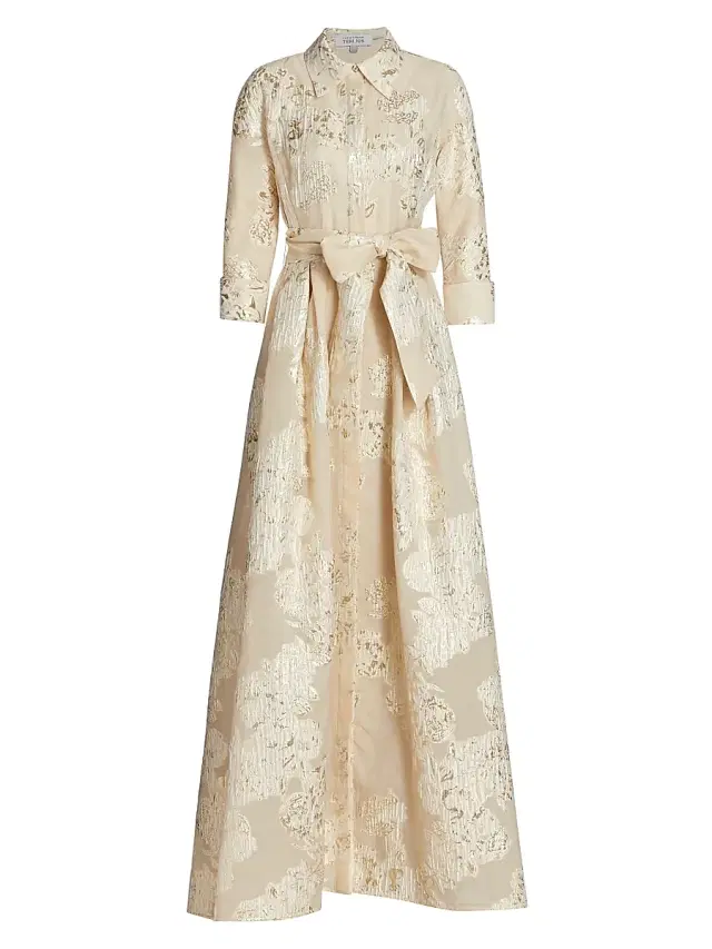Teri Jon by Rickie Freeman Women's Three-Quarter Sleeve Metallic Jacquard Shirt Waist Gown - Champagne