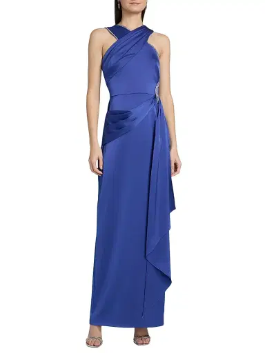 Theia Women's Cressida Halter Column Gown - Maritime Blue | Thumbnail 3