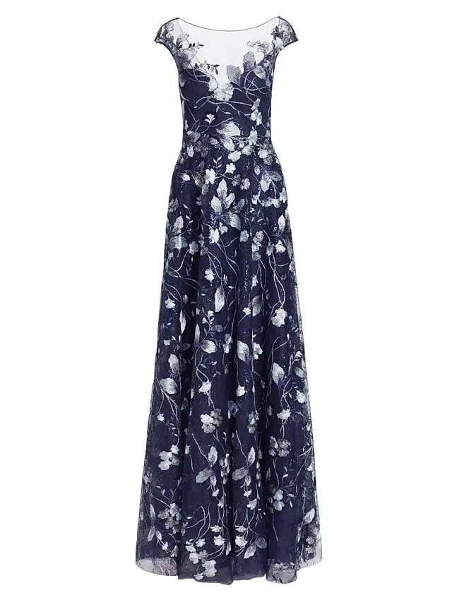 Teri Jon by Rickie Freeman Women's Embroidered Mesh Gown - Navy Silver