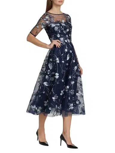 Teri Jon by Rickie Freeman Women's Embroidered Tulle Tea Dress - Navy Multi | Thumbnail 4 Teri Jon by Rickie Freeman Women's Embroidered Tulle Tea Dress - Navy Multi | Thumbnail 4