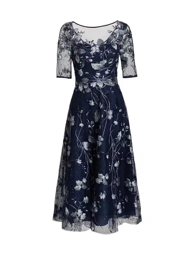 Teri Jon by Rickie Freeman Women's Embroidered Tulle Tea Dress - Navy Multi | Thumbnail 1 Teri Jon by Rickie Freeman Women's Embroidered Tulle Tea Dress - Navy Multi | Thumbnail 1