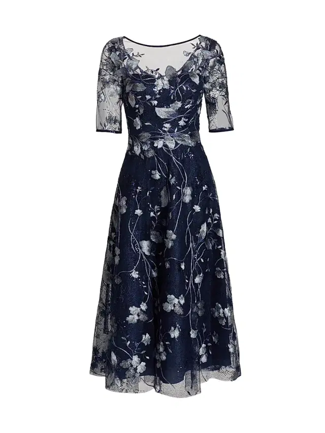 Teri Jon by Rickie Freeman Women's Embroidered Tulle Tea Dress - Navy Multi