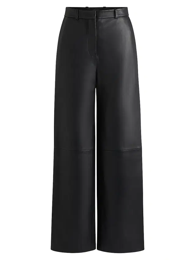 Women's Leather Trousers with Paneled Leg Detail - Black