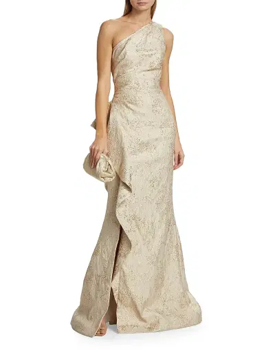Teri Jon by Rickie Freeman Women's Metallic Jacquard One-Shoulder Gown | Thumbnail 2 Teri Jon by Rickie Freeman Women's Metallic Jacquard One-Shoulder Gown | Thumbnail 2