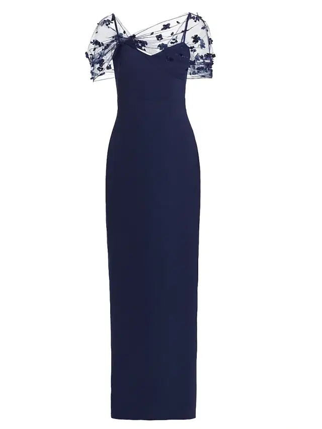 Theia Women's Sophia Beaded Shawl Gown - Navy