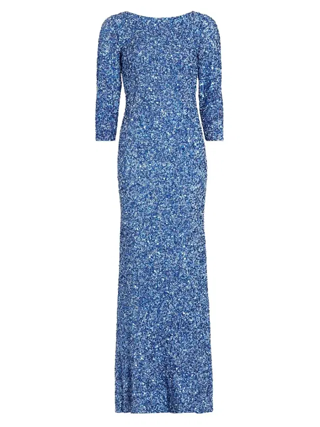 Theia Women's Three-Quarter Sleeve Sequin Sheath Gown - Oxford Blue