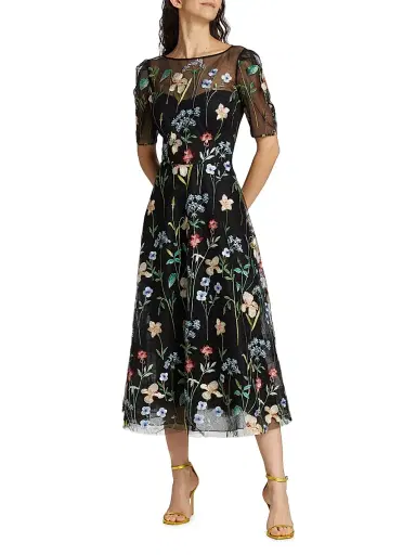 Teri Jon by Rickie Freeman Women's Floral-Embroidered Illusion Midi-Dress | Thumbnail 2