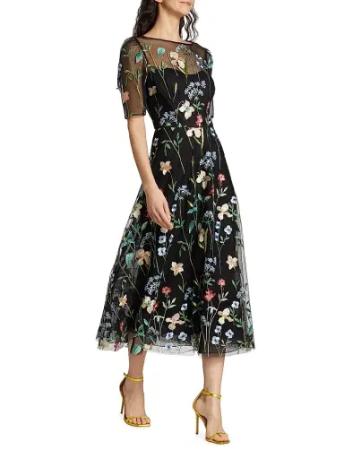Teri Jon by Rickie Freeman Women's Floral-Embroidered Illusion Midi-Dress | Thumbnail 3