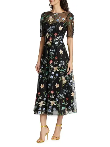 Teri Jon by Rickie Freeman Women's Floral-Embroidered Illusion Midi-Dress | Thumbnail 4