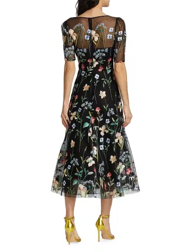 Teri Jon by Rickie Freeman Women's Floral-Embroidered Illusion Midi-Dress | Thumbnail 5