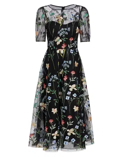 Teri Jon by Rickie Freeman Women's Floral-Embroidered Illusion Midi-Dress | Thumbnail 1